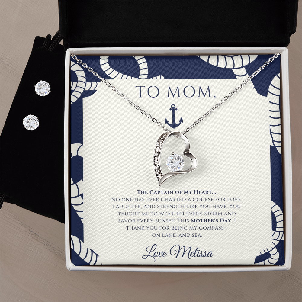 Mom - Captain of My Heart - Personalized Nautical Love Necklace and Earrings Set