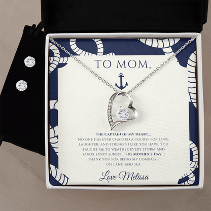 Mom - Captain of My Heart - Personalized Nautical Love Necklace and Earrings Set
