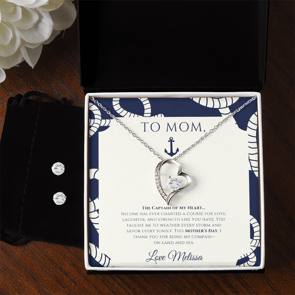 Mom - Captain of My Heart - Personalized Nautical Love Necklace and Earrings Set