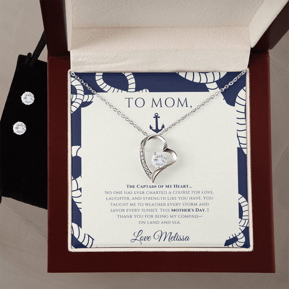 Mom - Captain of My Heart - Personalized Nautical Love Necklace and Earrings Set