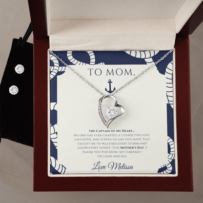 Mom - Captain of My Heart - Personalized Nautical Love Necklace and Earrings Set
