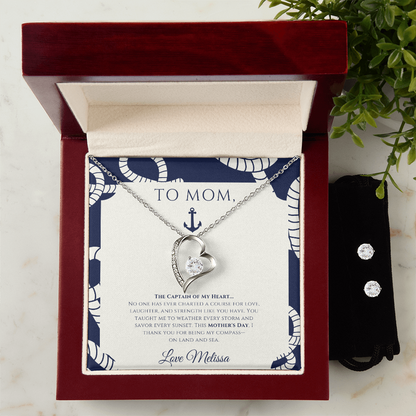Mom - Captain of My Heart - Personalized Nautical Love Necklace and Earrings Set